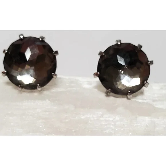 VTG Cuff Links Smoky Gray Crystal Stones Prong Set Faceted Shiny .75" Size Round - Picture 5 of 10